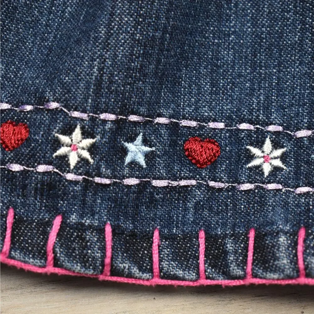 OshKosh 12 MO Baby Girl Blue Denim Jean Overall Dress Embroidered Flowers Hearts